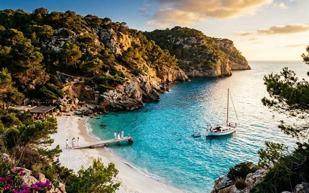 A sailing yacht at anchor in a sheltered cove at sunset