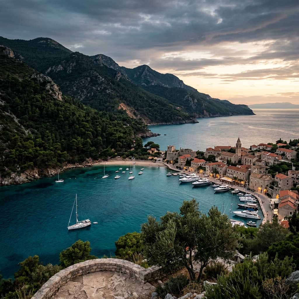 Yachts moored in a bay below wooded hills on the Turkish coast