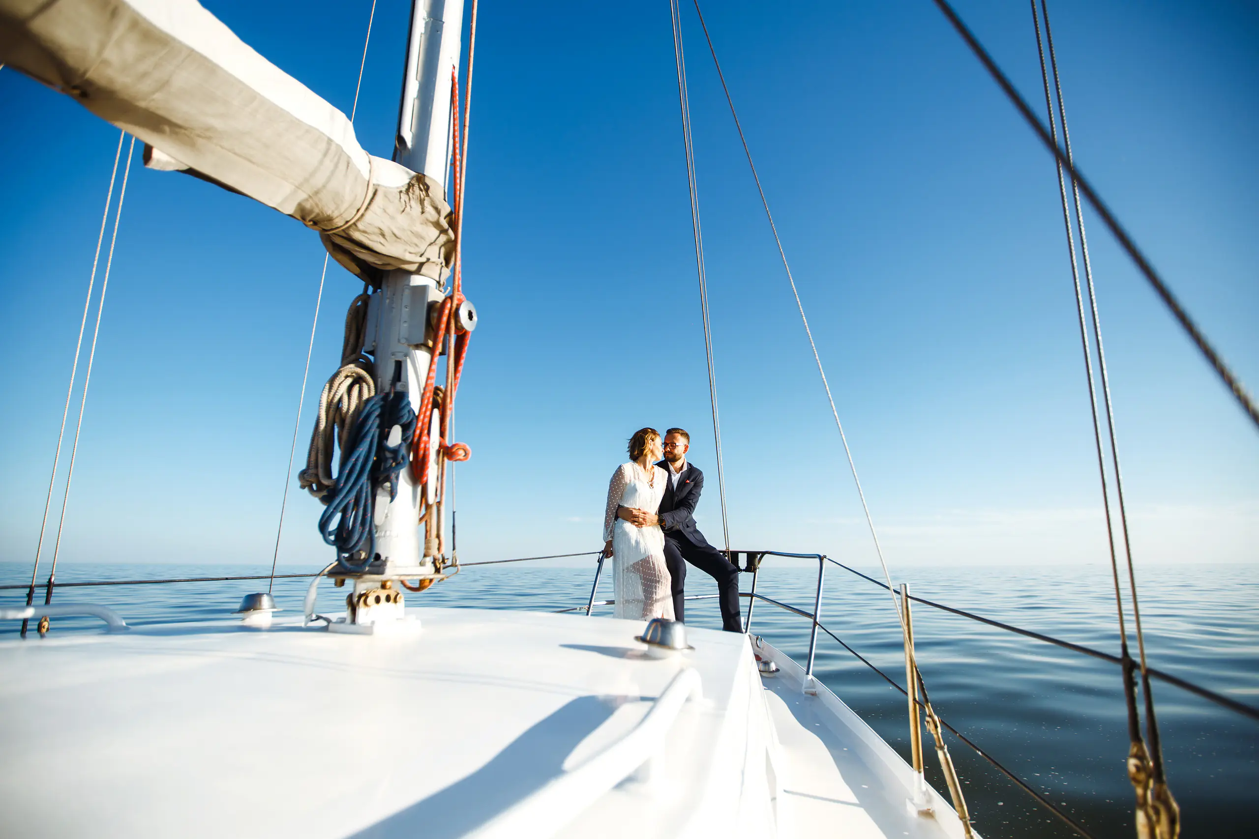 Beautiful wedding couple on yacht