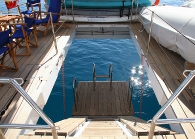 Swimming platform on board of Douce France sailing catamaran